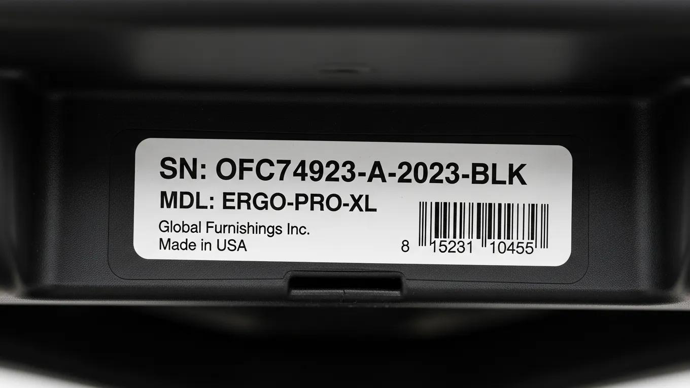 Close-up of a serial number label on an office chair illustrating brand identification
