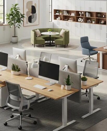 Modern office furniture arrangement highlighting desks, chairs, and cabinets for workspace design