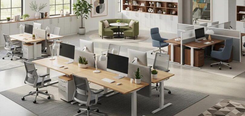 Modern office furniture arrangement highlighting desks, chairs, and cabinets for workspace design
