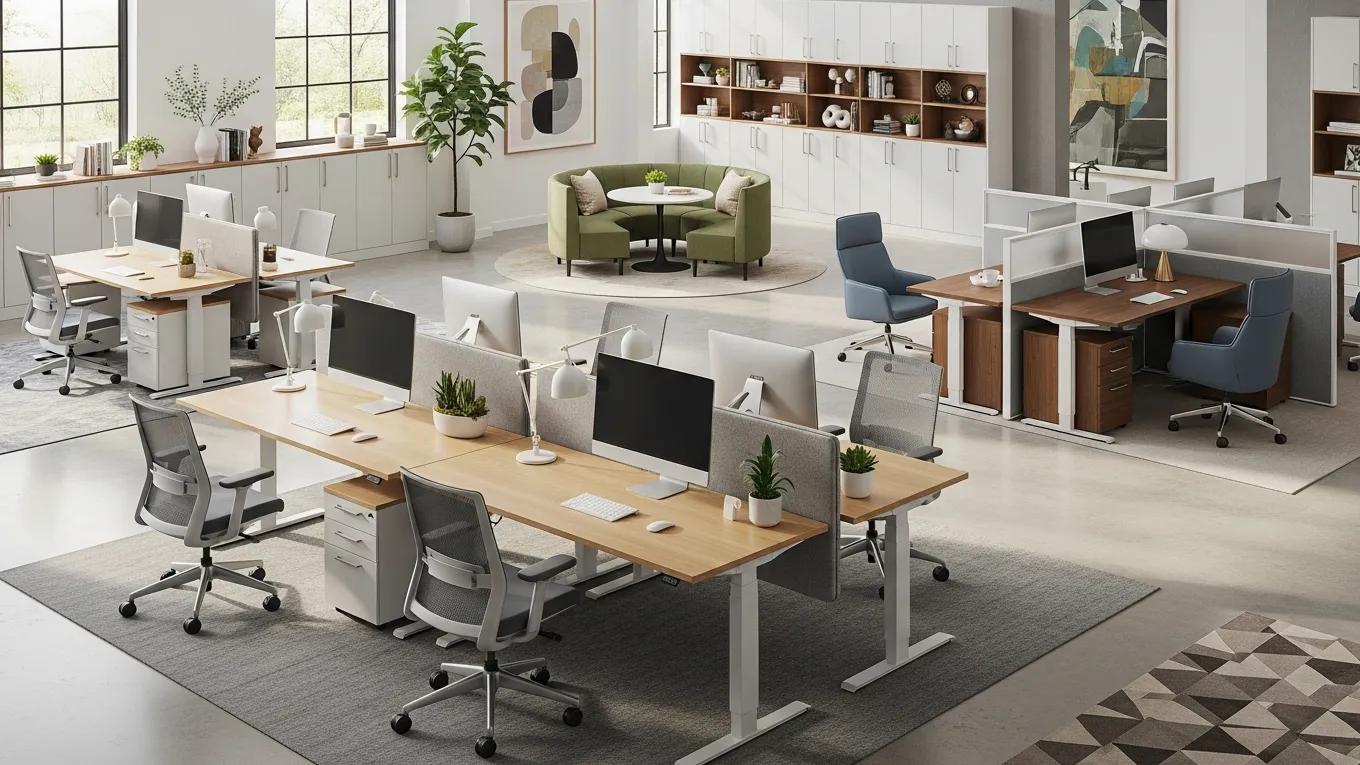 Modern office furniture arrangement highlighting desks chairs and cabinets for workspace design